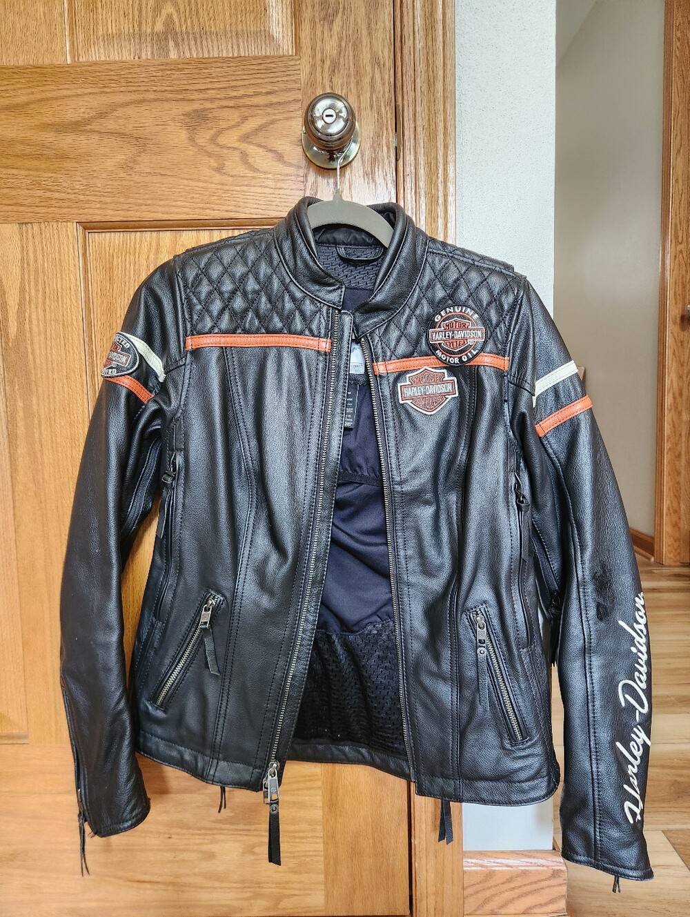Harley-Davidson Black Leather Jacket with Orange and White Accents